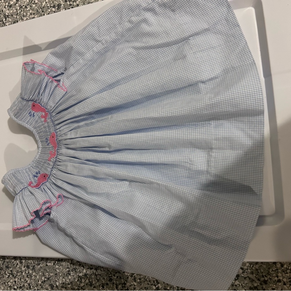 Edgehill Collection Blue Gingham Smocked Baby Dress with Smocked Pink Whales